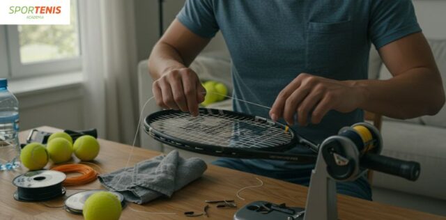 Persona encordando raqueta de tenis en casa con máquina manual