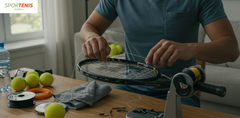 Guía Definitiva para Encordar tu Raqueta de Tenis en Casa 1 Persona encordando raqueta de tenis en casa con máquina manual