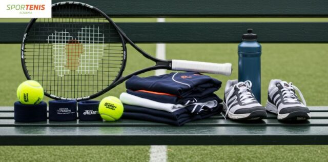 equipo de tenis después de jugar un partido, listo para ser limpiado y guardado correctamente