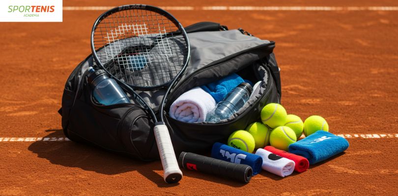 Mochila de tenis profesional con equipo completo en cancha de arcilla