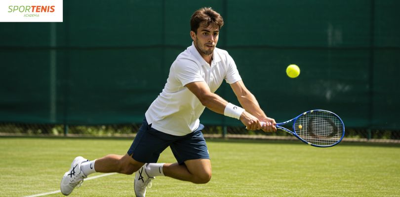 Jugador de tenis ejecutando un revés cruzado potente en partido real