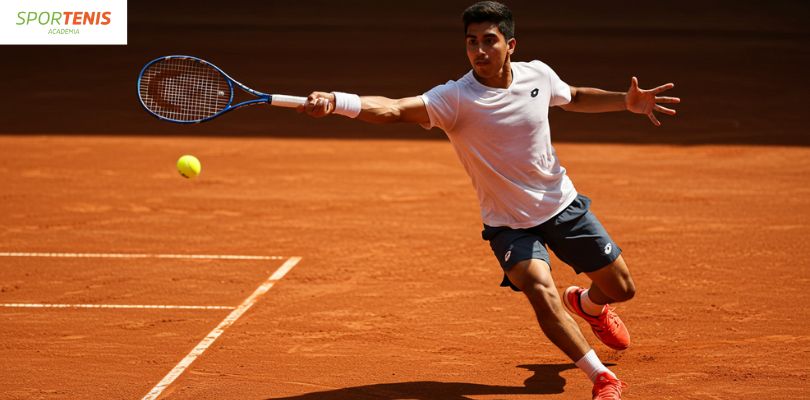Jugador realizando un saque potente y preciso en tenis sobre cancha de arcilla