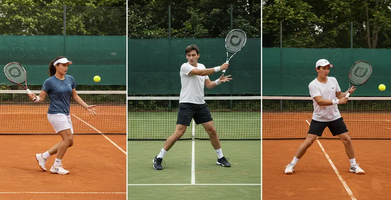 jugadores principiantes practicando tenis en distintas superficies: arcilla, cemento y sintética
